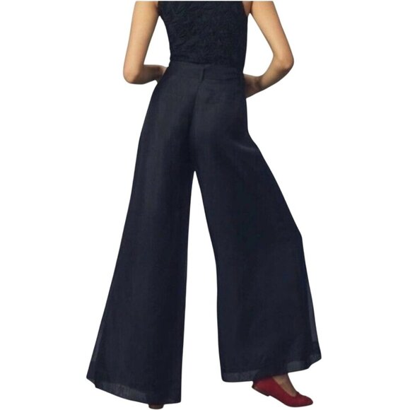 By Anthropologie NWT Silk Organza Wide Leg Pants Black Flowy Pockets Size 10 - Picture 4 of 14